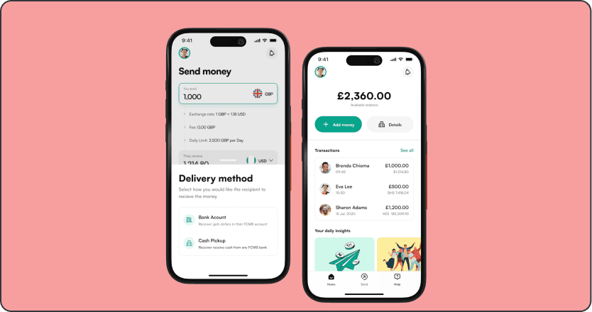 Dash app send money and home balance screens on two phones