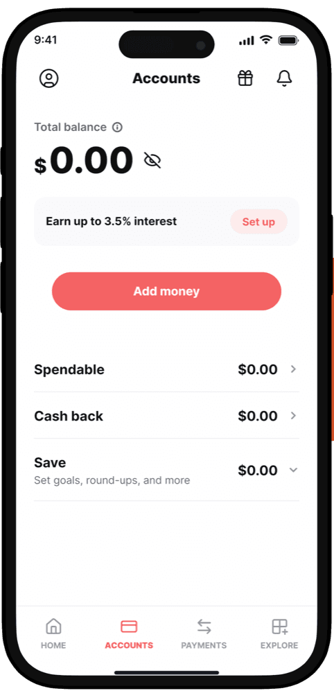 Banking app accounts screen showing a zero balance and an Add money button
