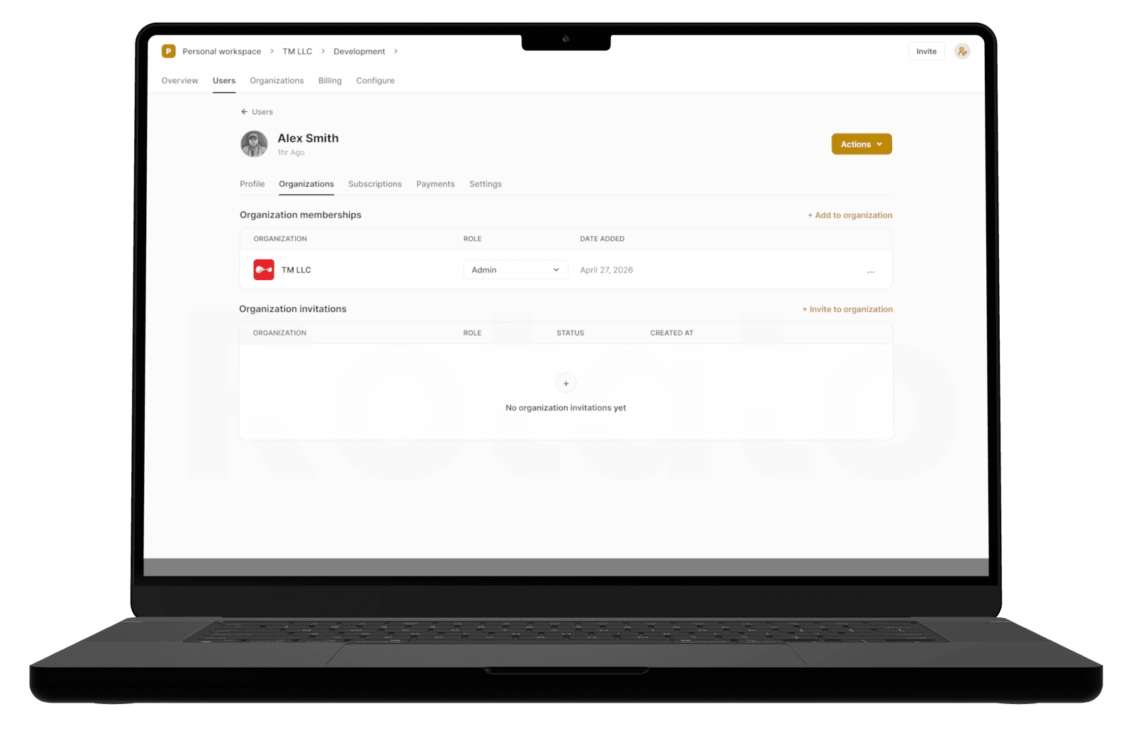 Web dashboard on a laptop showing a user's organization memberships