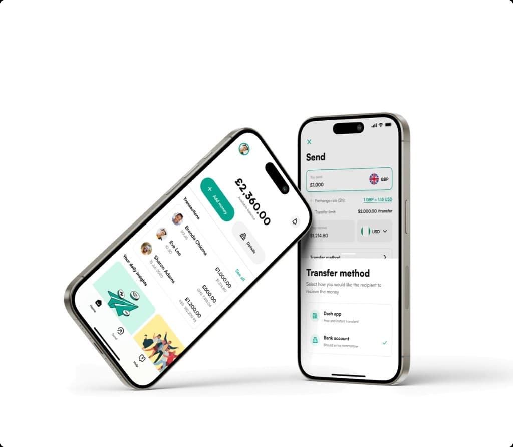 Dash remittance app on two phones showing balance, transactions, and send flow