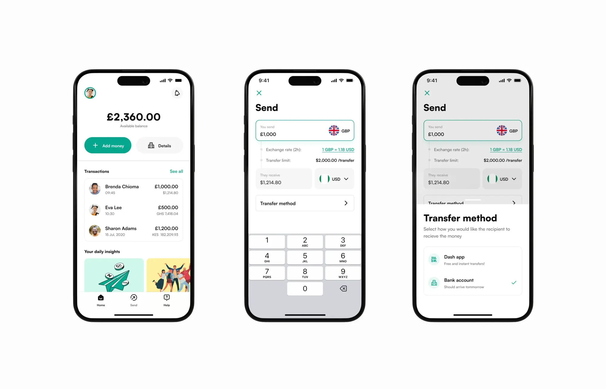 Image Showing the fully the Send money screens of dash app