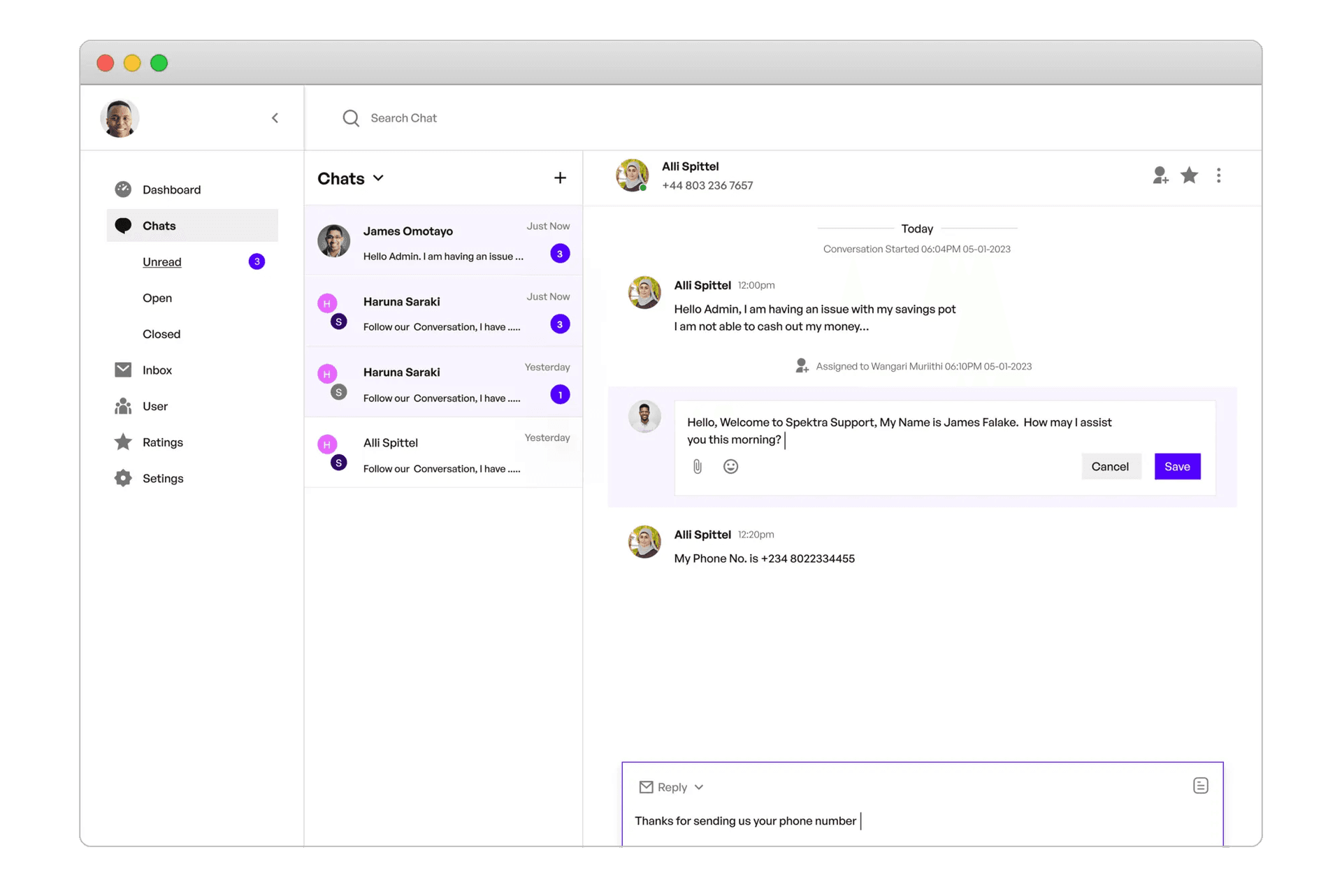 Messaging: In-app chat with customer, edit chat, upload file, assign chat.