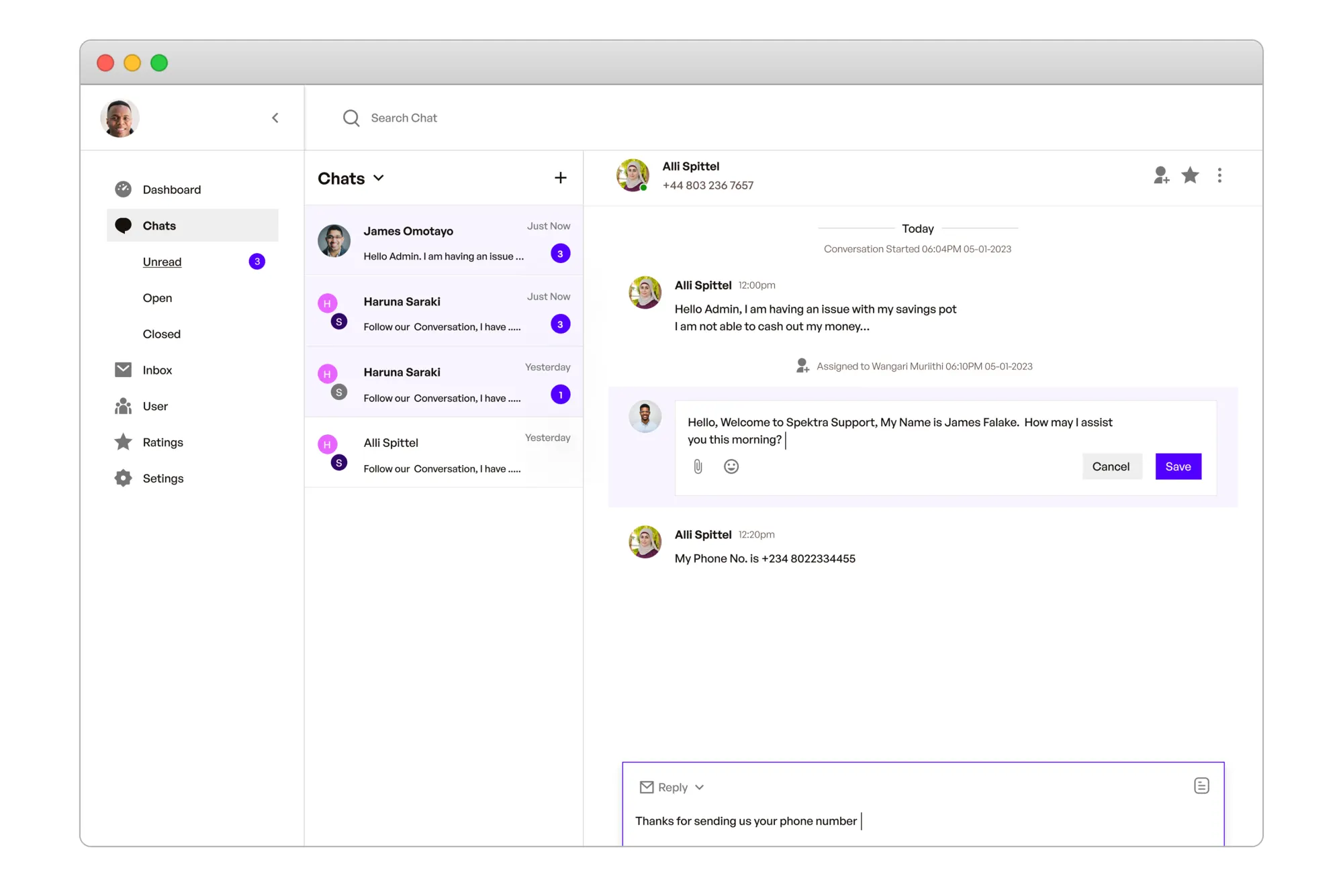 Messaging: In-app chat with Customer, Edit chat, Upload file, Assign chat.