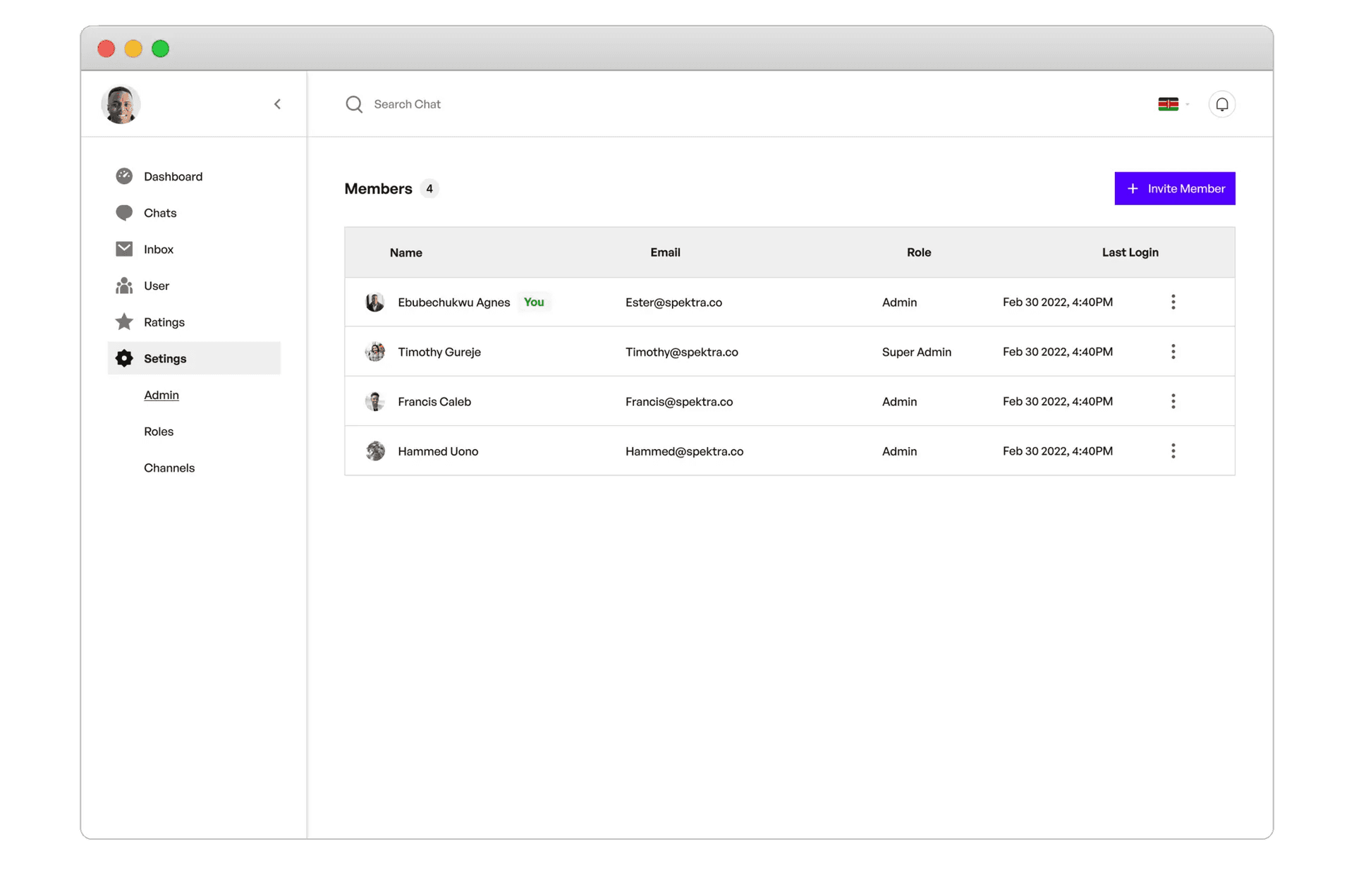 Settings: Invite member, assign roles, create modules that feed into the systems