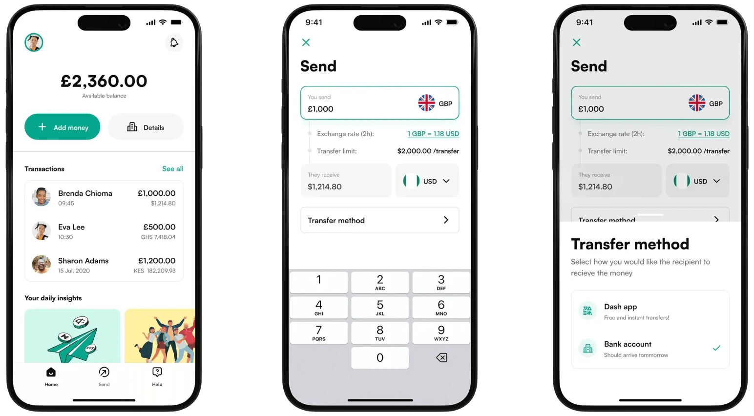 Image showing the send money screens of the Dash app